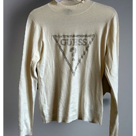 VTG 90s y2k Guess studded sweater Logo Turtleneck Large Rhinestones Studs cream - Picture 3 of 12